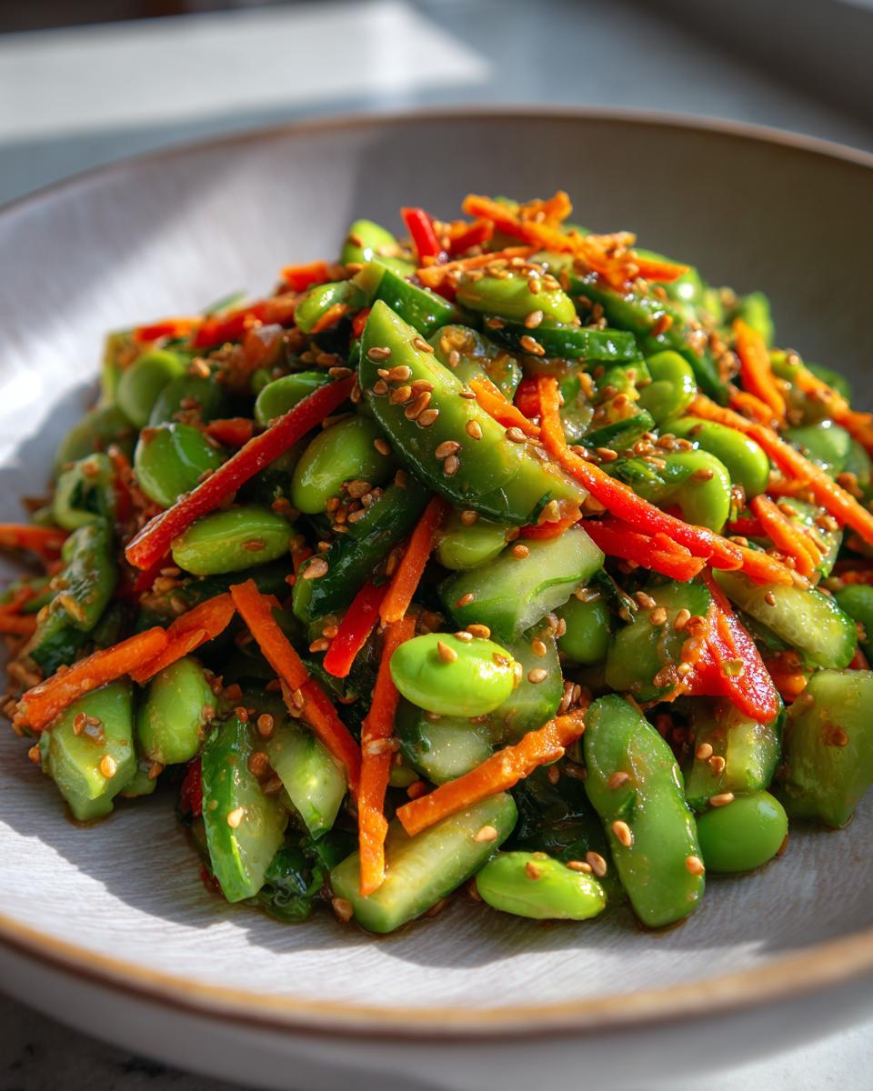 Close-up of a vibrant edamame salad featuring shelled edamame, sliced cucumbers, julienned carrots, and a sesame seed dressing.