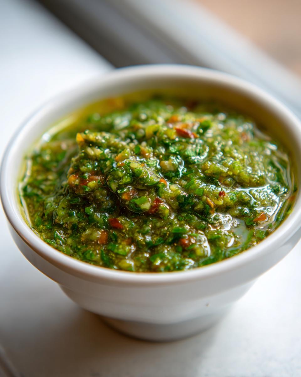Close-up of a small white bowl filled with chunky, vibrant green tomato salsa, showing visible herbs and spices.