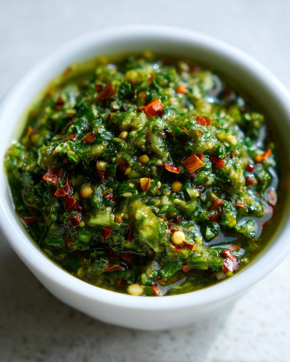 Close-up of a chunky, bright green tomato salsa, flecked with red pepper flakes, served in a small white bowl.