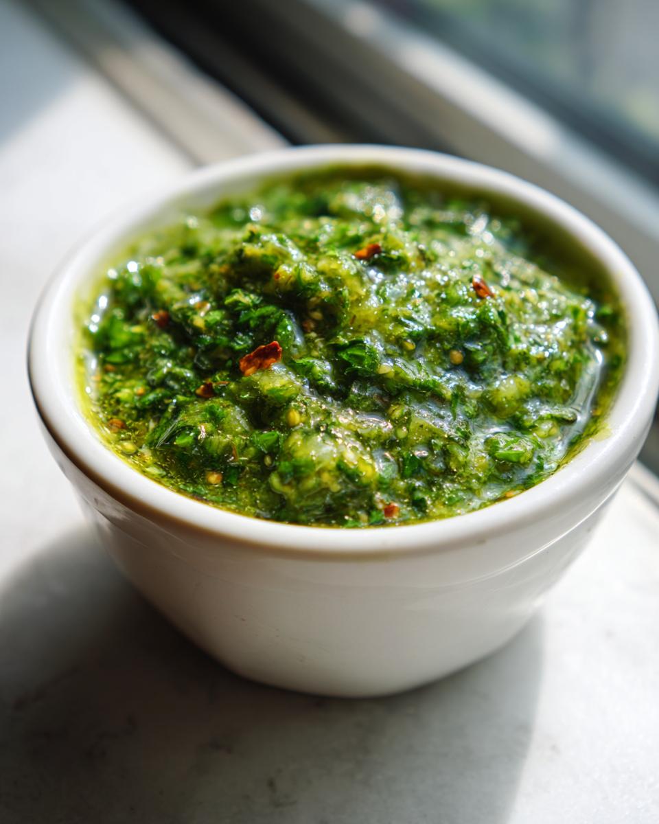 Close-up of bright green tomato salsa, chunky with visible herbs and red pepper flakes, served in a small white bowl.