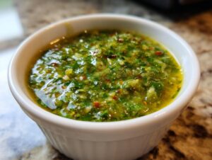 Close-up of vibrant green tomato salsa, chunky with herbs and oil, served in a small white bowl.