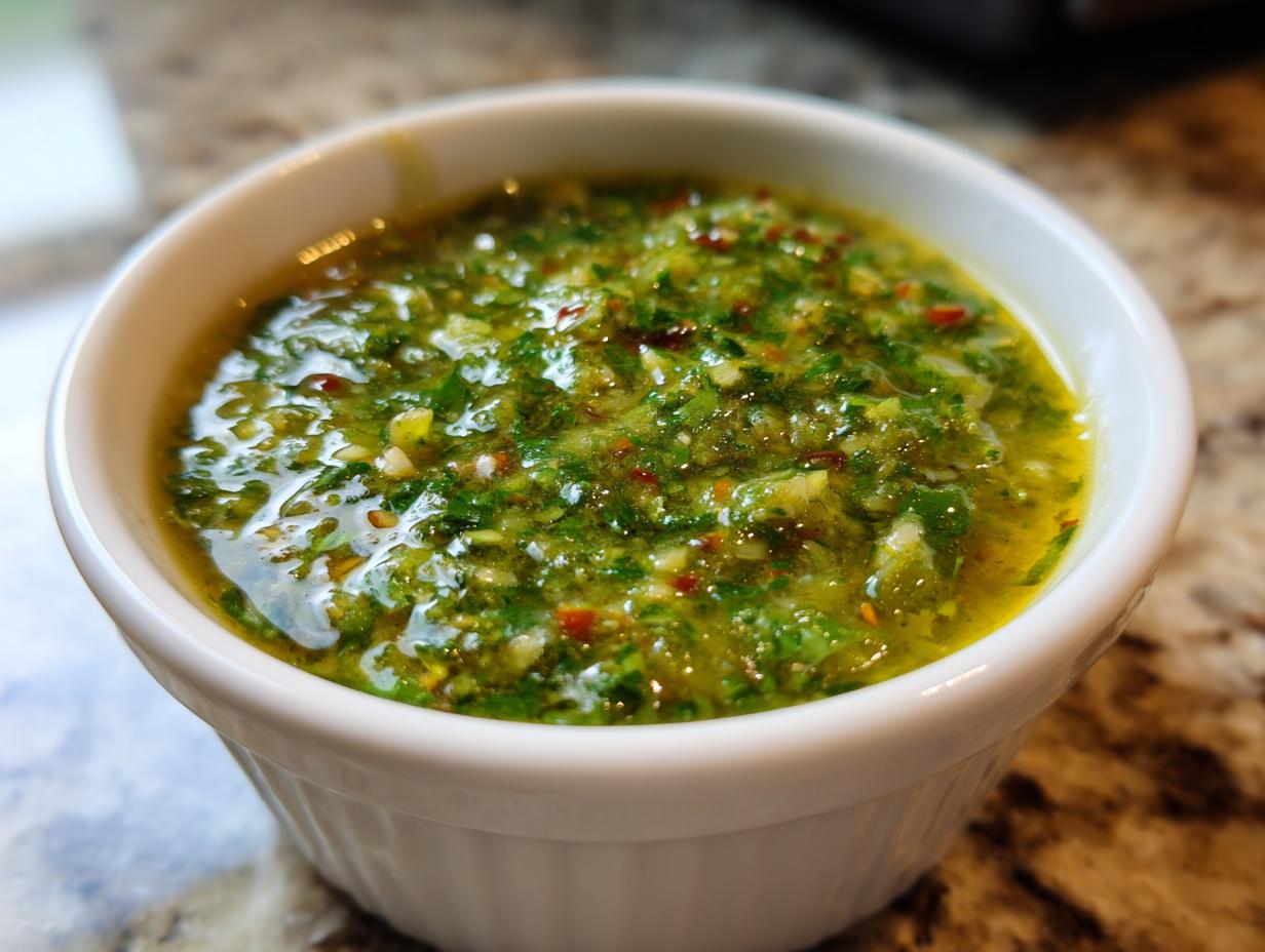 Close-up of vibrant green tomato salsa, chunky with herbs and oil, served in a small white bowl.