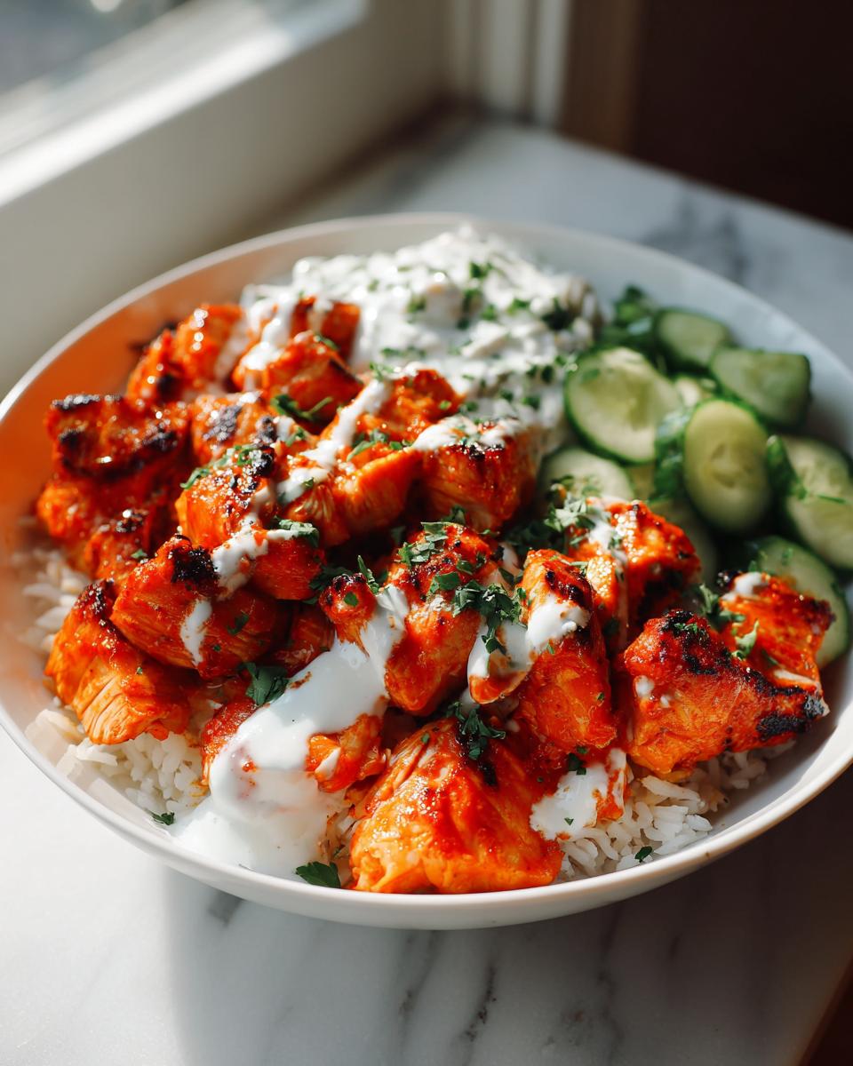 Close-up of a bowl featuring bright red harissa chicken pieces over rice, topped with white yogurt sauce and sliced cucumbers.