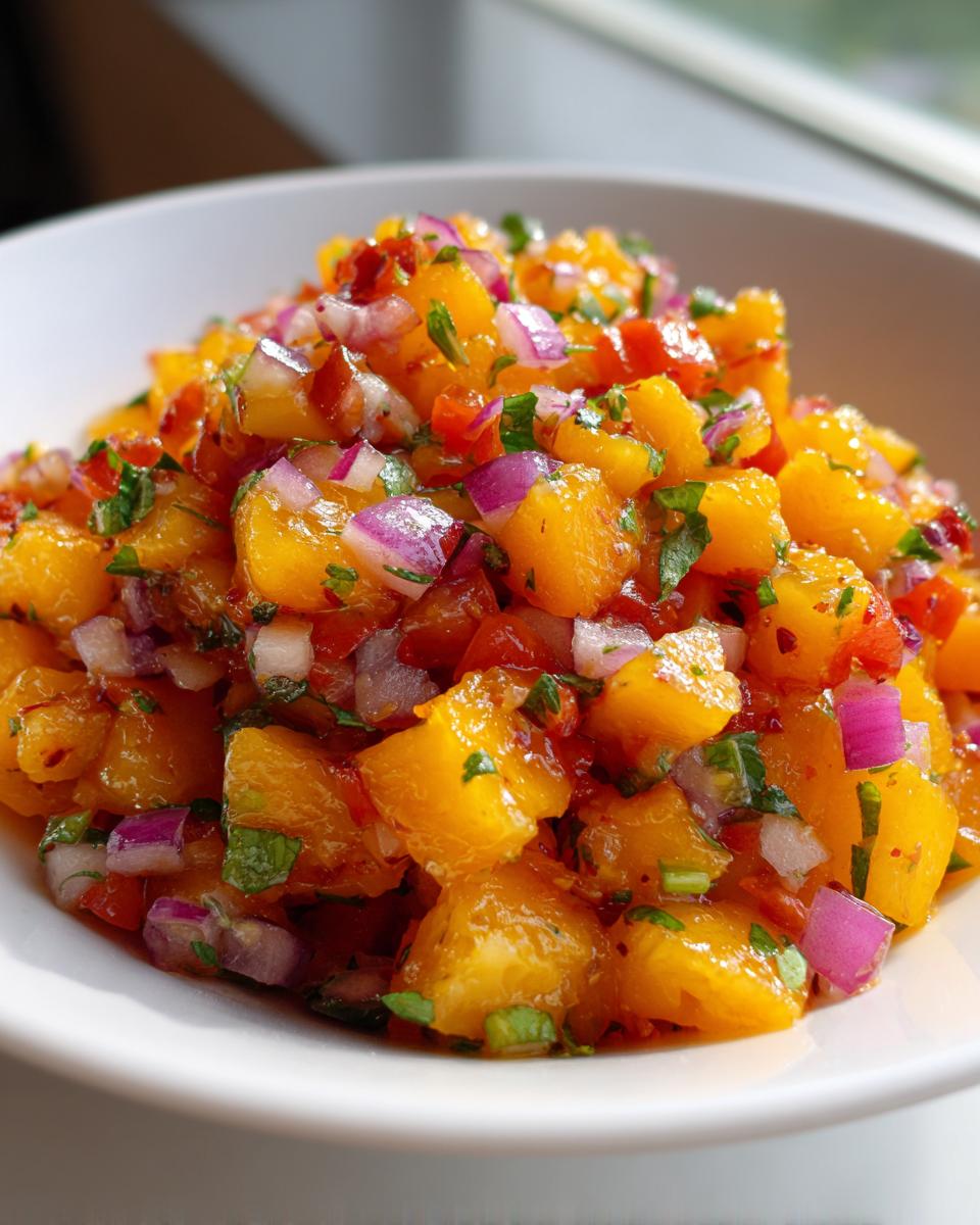 Close-up of a bright, chunky peach salsa featuring diced peaches, red onion, and cilantro in a white bowl.