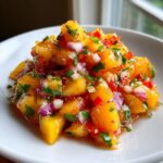 Close-up of vibrant, chunky peach salsa featuring diced yellow peaches, red onion, red pepper, and cilantro.