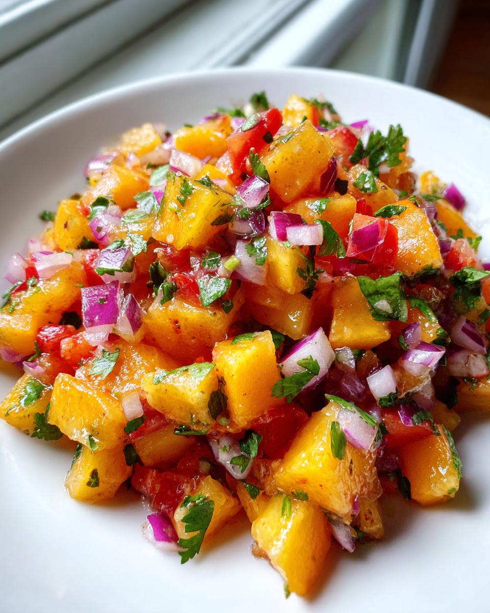 Close-up of vibrant, chunky peach salsa featuring diced orange peaches, red onion, tomato, and cilantro.