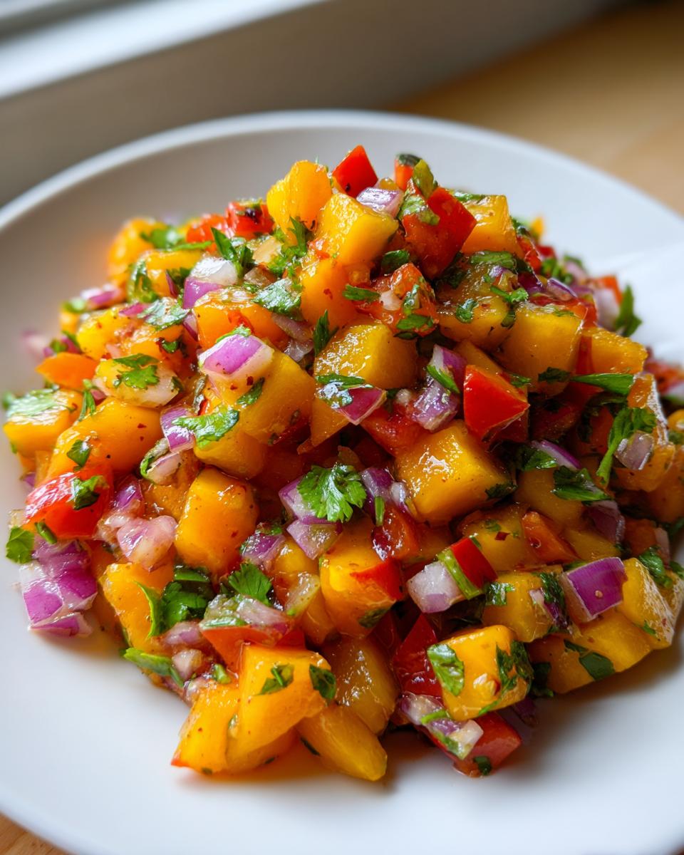 Close-up view of a bright, fresh peach salsa featuring diced yellow peaches, red onion, red pepper, and cilantro.