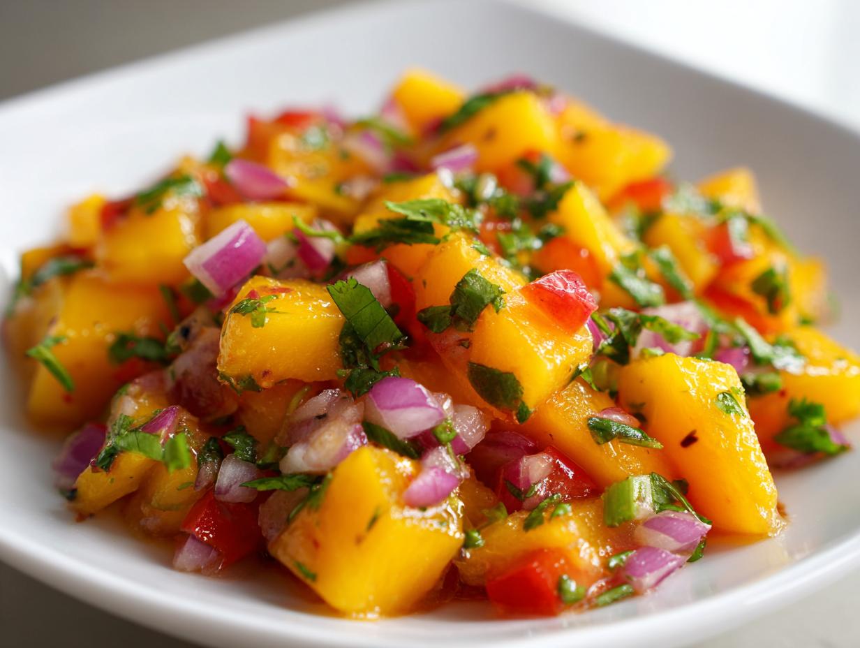 Close-up shot of vibrant, freshly diced peach salsa featuring bright orange peaches, red onion, and cilantro.