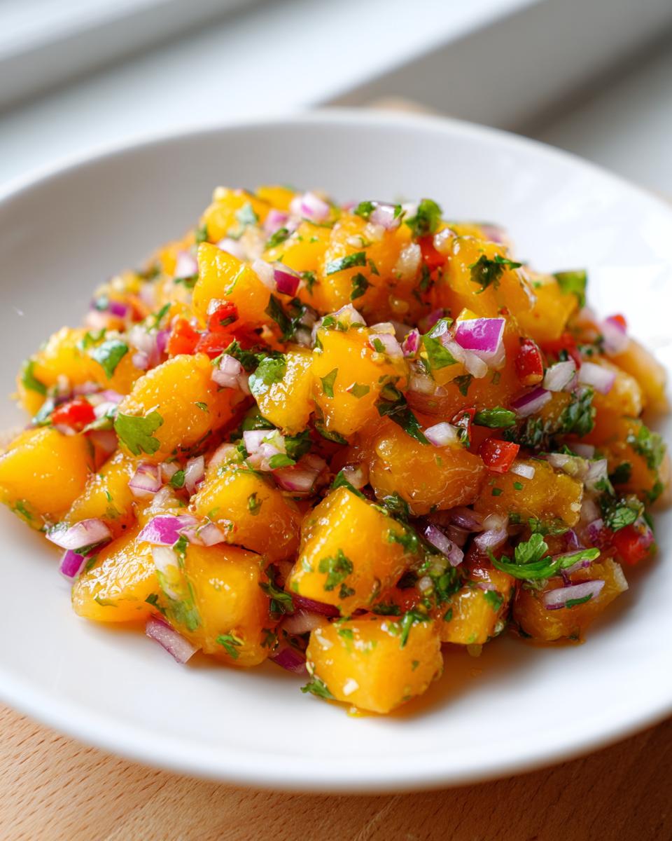 Close-up of vibrant, chunky peach salsa mixed with red onion, cilantro, and peppers, served in a white bowl.