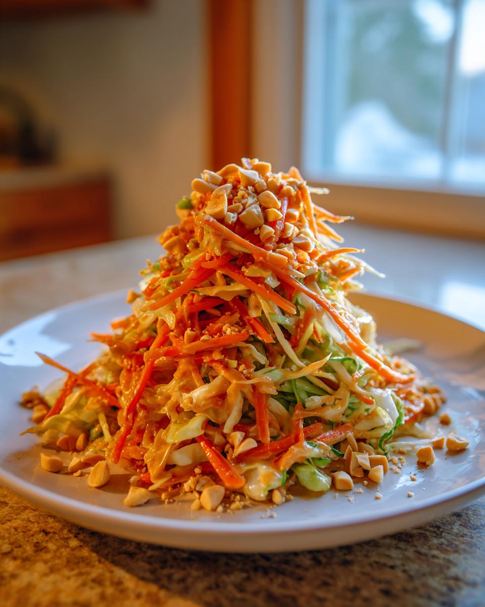 A tall mound of vibrant thai chicken salad featuring shredded carrots, cabbage, and a peanut dressing, topped with chopped peanuts.