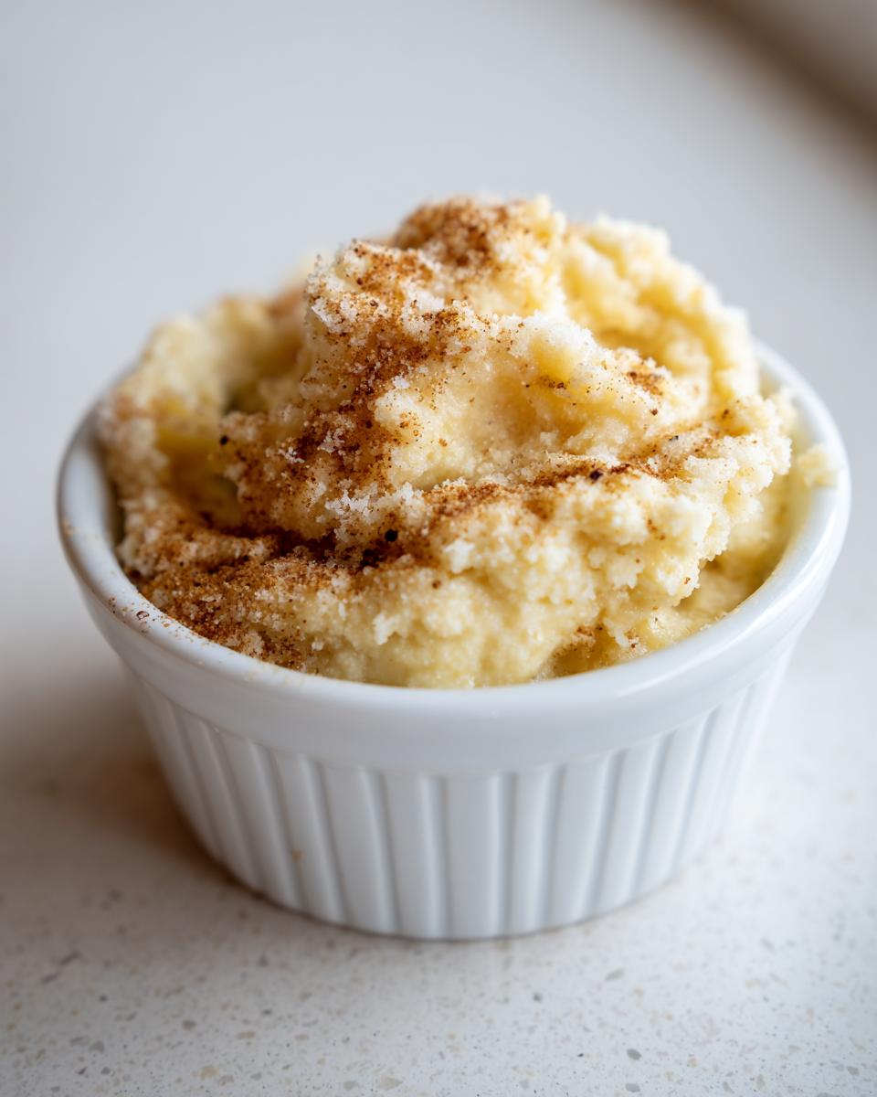 Close-up of fluffy, whipped cinnamon butter topped with cinnamon sugar in a small white ramekin.