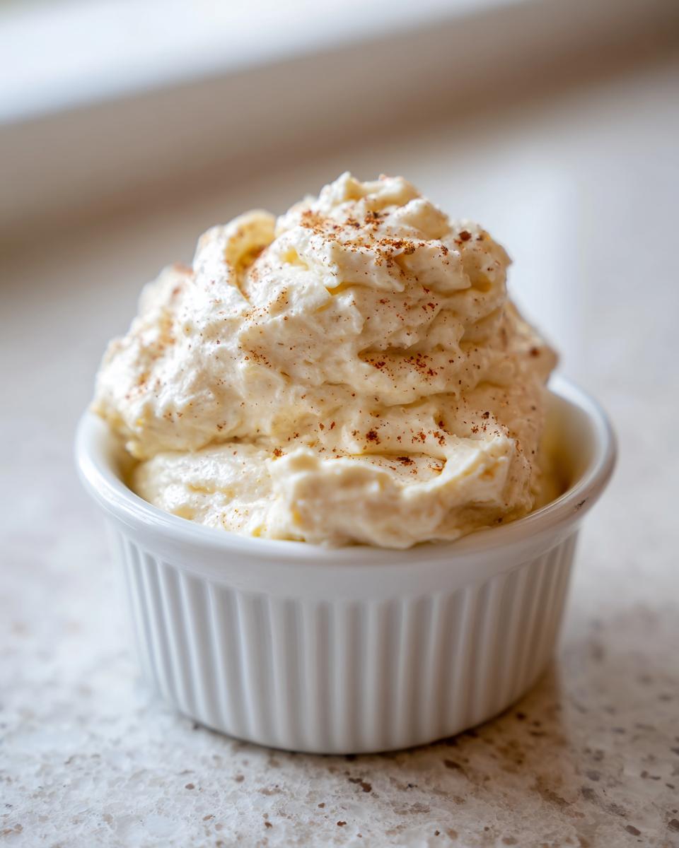 A scoop of fluffy, whipped cinnamon butter dusted with cinnamon powder in a white ramekin.