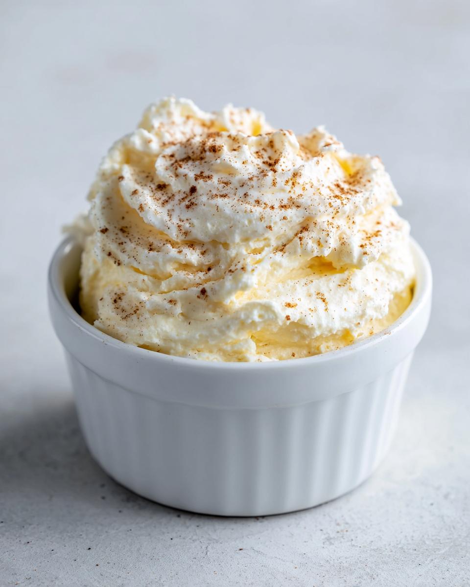 Fluffy, whipped cinnamon butter topped with ground cinnamon, served in a small white ramekin.