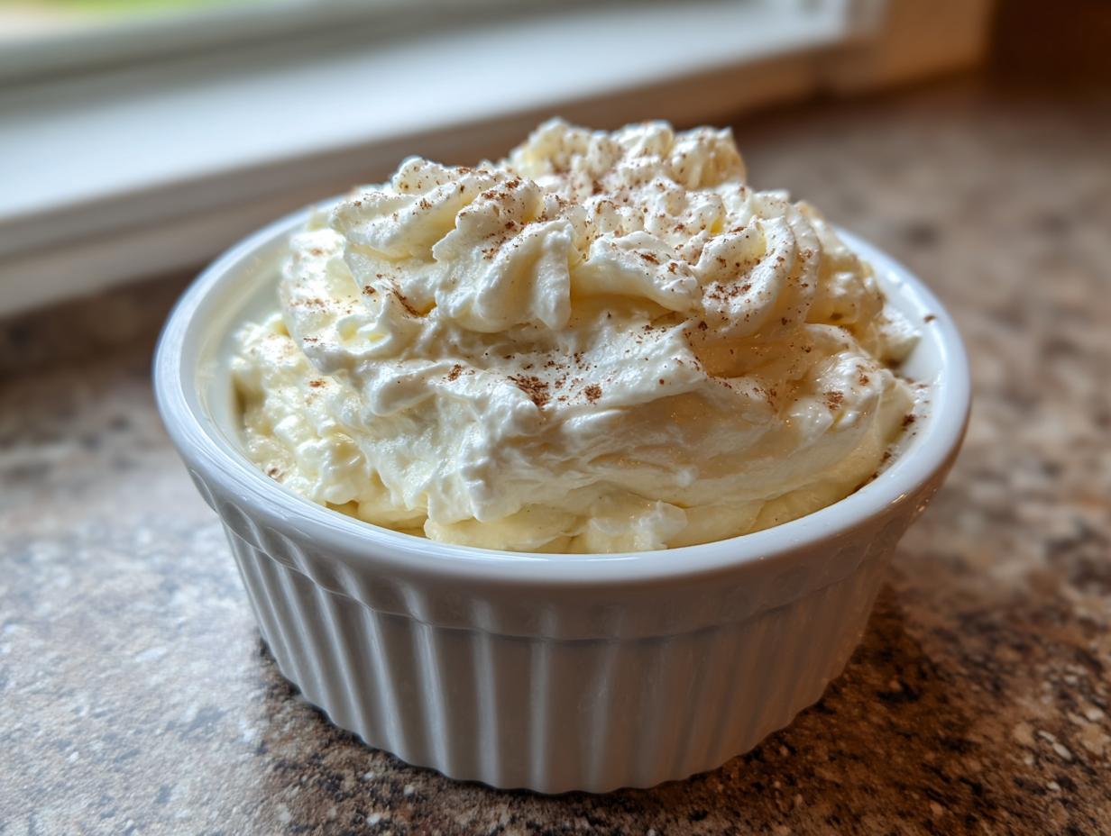 A close-up of freshly whipped cinnamon butter, topped with a dusting of cinnamon, served in a white fluted ramekin.