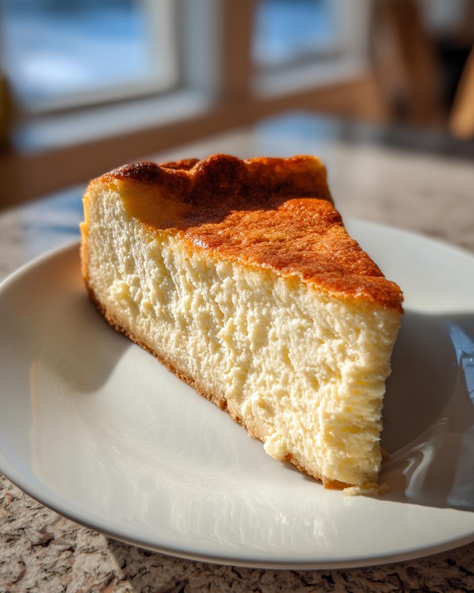A close-up slice of creamy white chocolate cheesecake with a deeply browned, rustic top, served on a white plate.