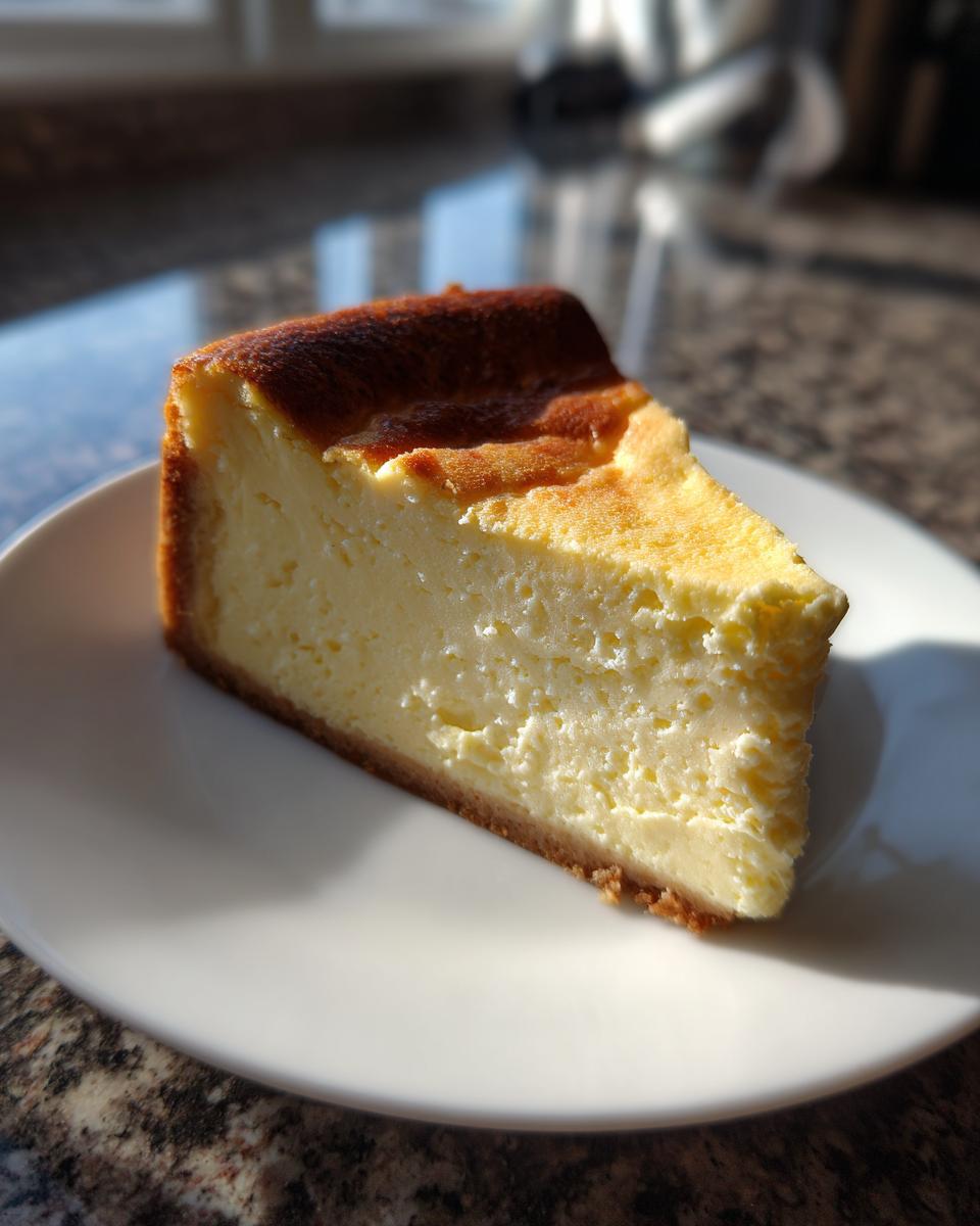 A close-up slice of rich white chocolate cheesecake with a golden-brown top, served on a white plate.
