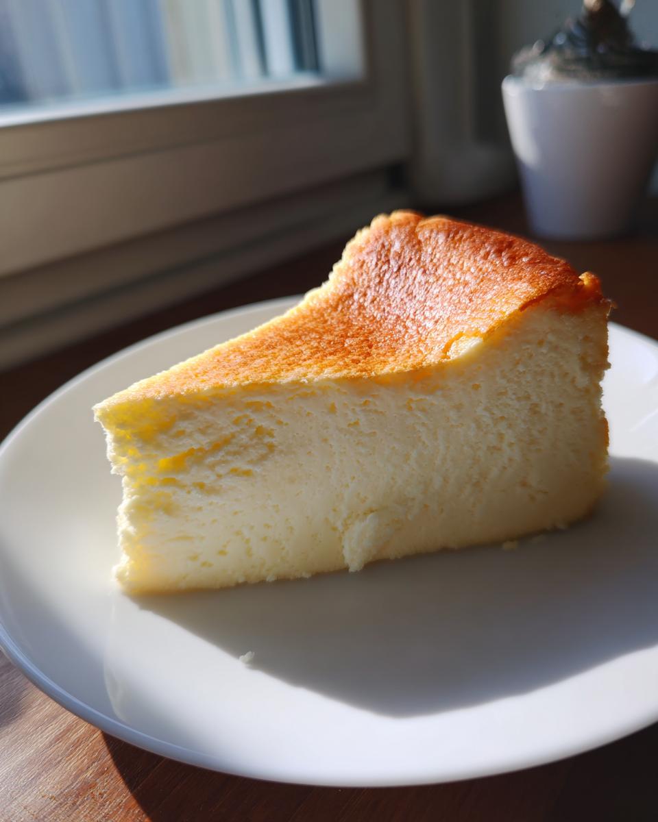 A thick slice of fluffy white chocolate cheesecake with a deeply caramelized top, sitting on a white plate.