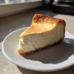 A perfect slice of baked white chocolate cheesecake with a golden-brown top, resting on a white plate.