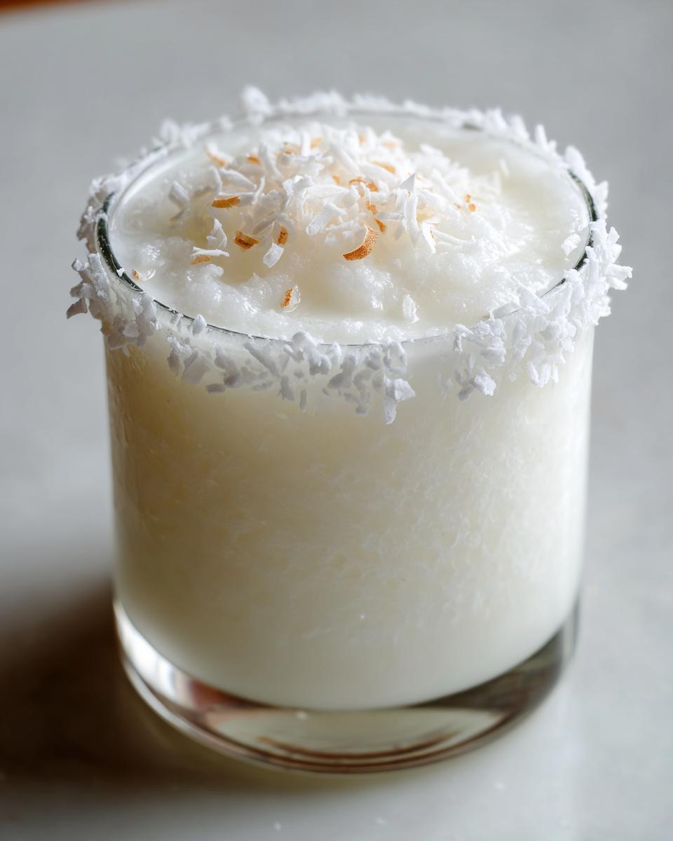 A frosty white Christmas margarita served in a glass with a shredded coconut rim and topping.