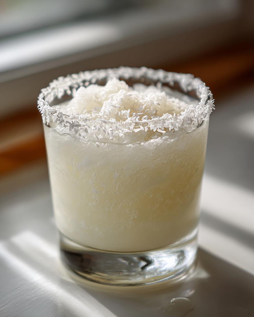 A frosty white Christmas margarita in a short glass, topped with shaved ice and a shredded coconut rim.