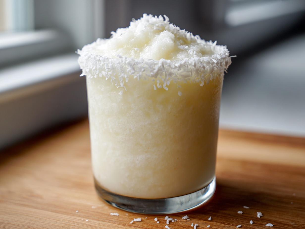 A frosty white Christmas margarita in a glass, topped and rimmed with shredded coconut flakes.