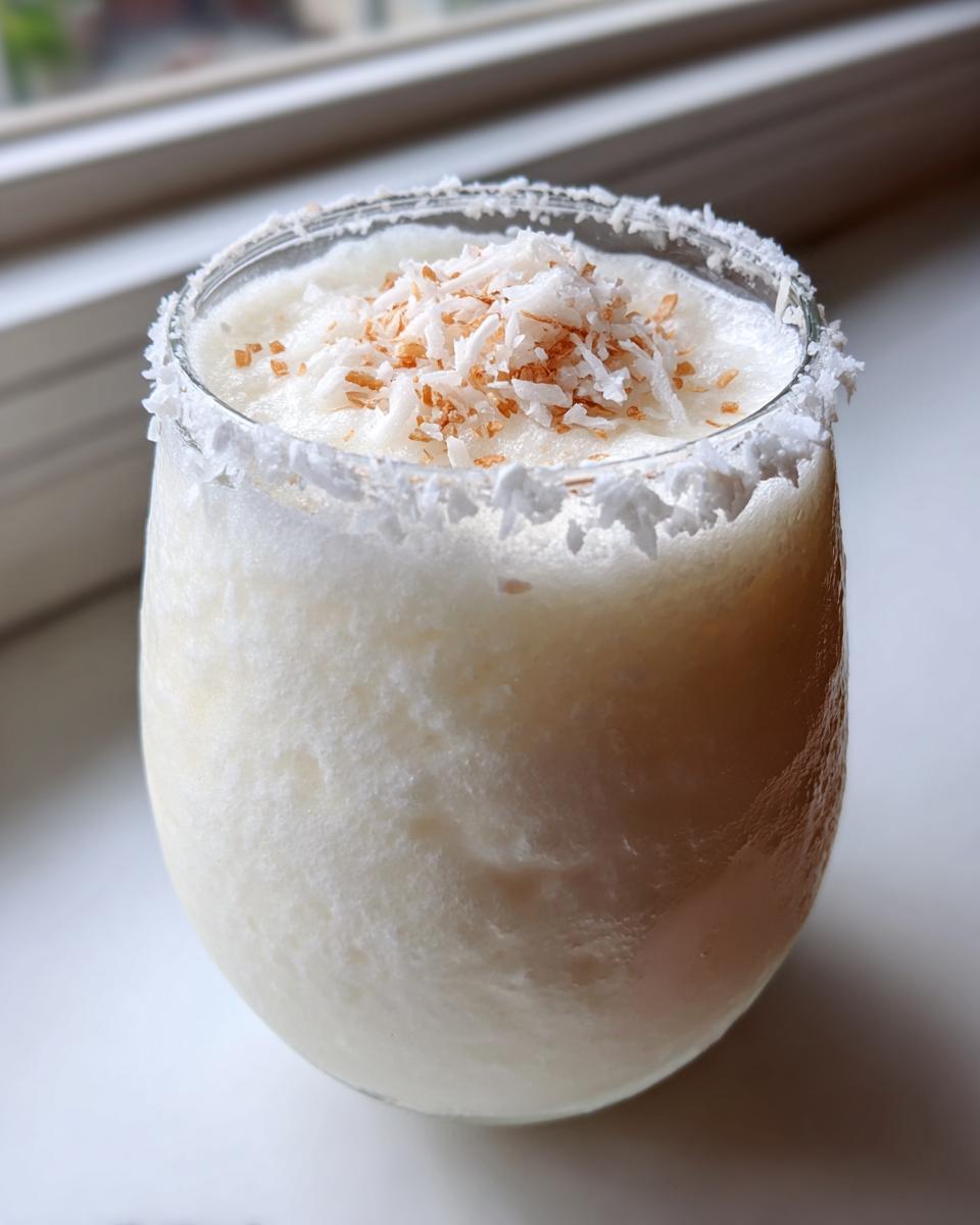 A frosty white Christmas margarita in a glass with a coconut-rimmed edge and toasted coconut flakes on top.