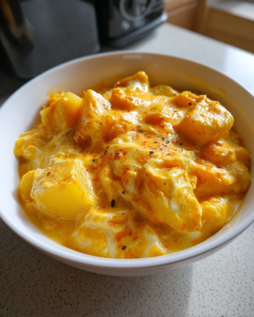 Close-up of a white bowl filled with thick, yellow cheese soup containing chunks of potato and sprinkled with pepper.