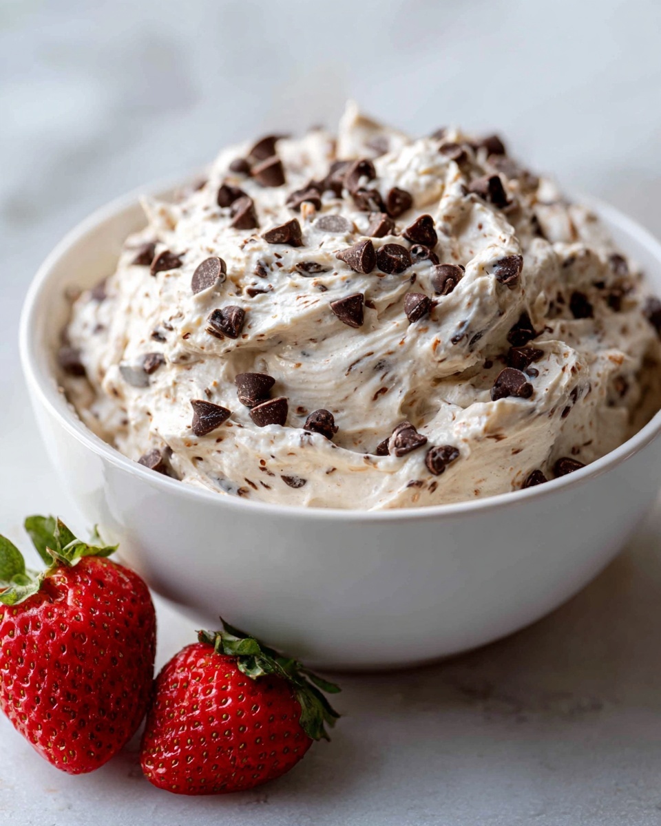 A bowl of creamy chocolate dip topped with mini chocolate chips, served next to two fresh strawberries.