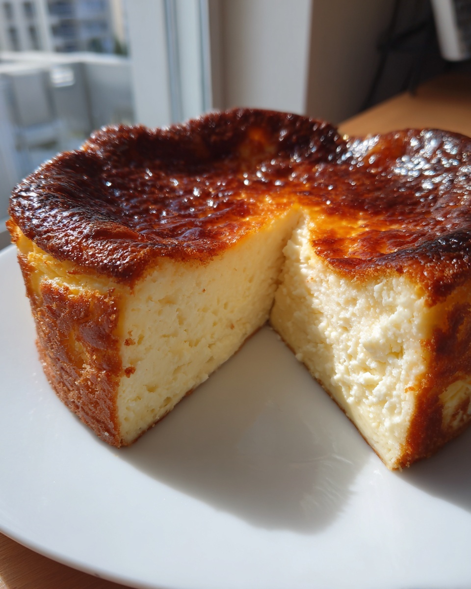 A whole Basque cheesecake with a slice removed, showing its creamy interior and dark caramelized top.