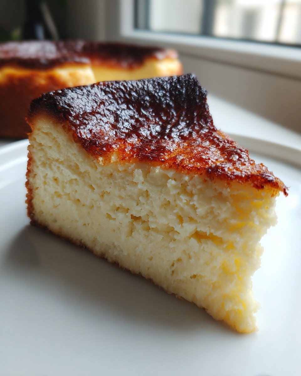 A close-up slice of creamy Basque cheesecake showing the signature dark, caramelized top.