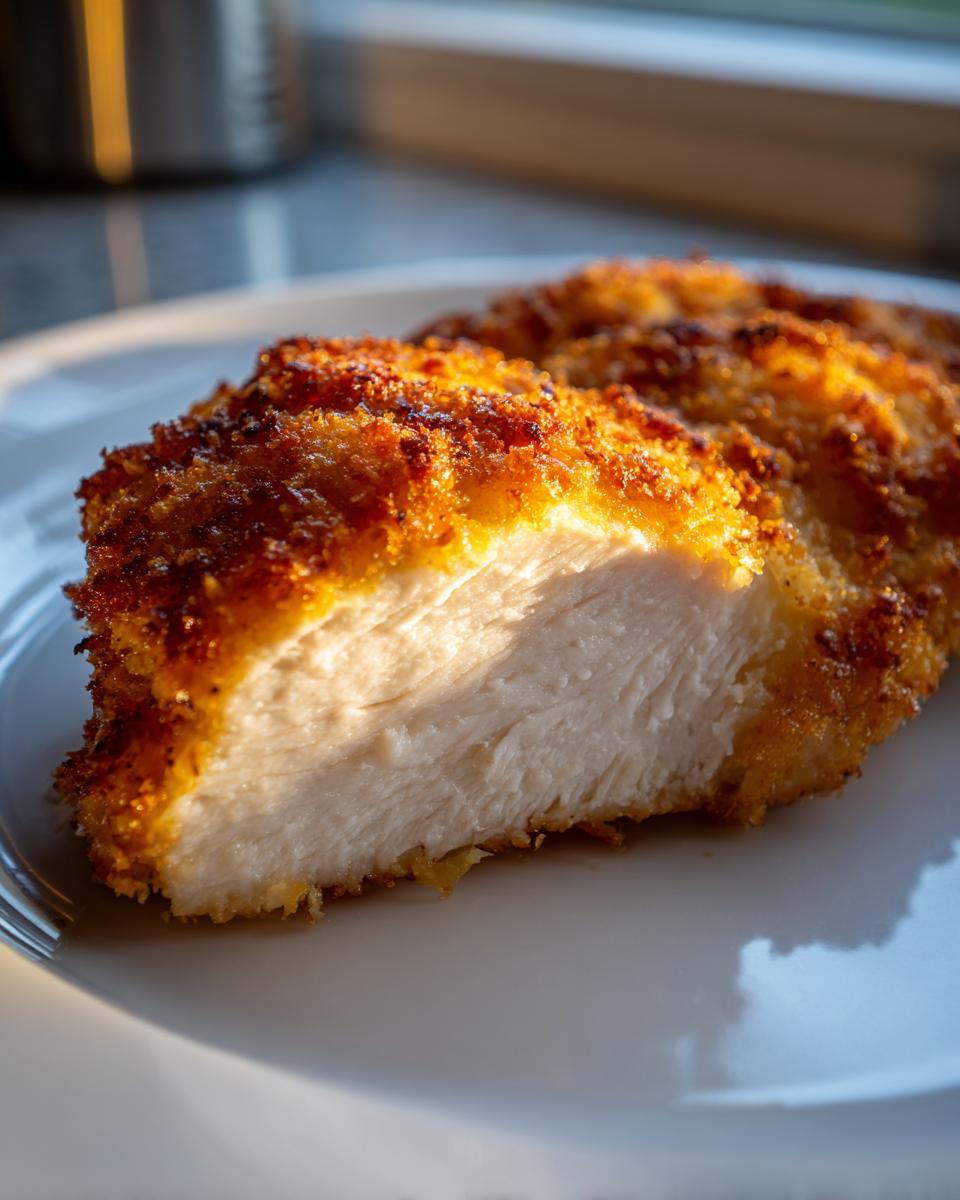 Close-up of a golden, crispy air fryer chicken breast cut in half, showing juicy white meat inside.