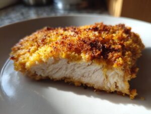 Close-up of a perfectly cooked piece of air fryer chicken breast, showing juicy white meat and a golden, crispy breading.
