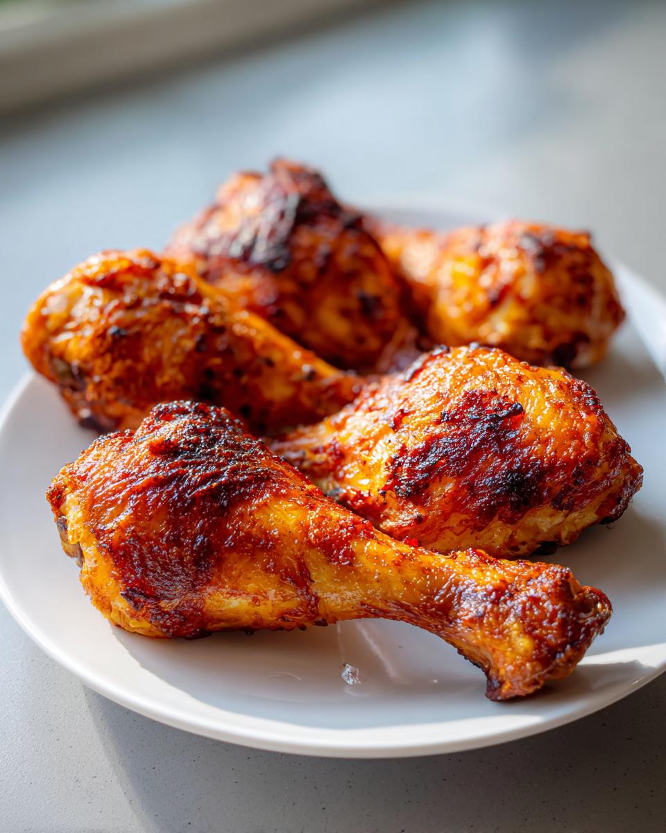 Four beautifully browned and crispy air fryer chicken legs resting on a white plate.
