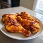 Four golden brown, crispy air fryer chicken legs seasoned with spices, served on a white plate.