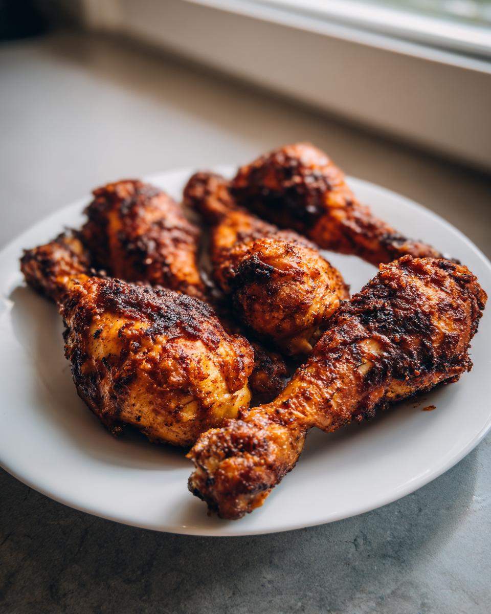 A close-up of several crispy, seasoned air fryer chicken legs piled on a white plate.