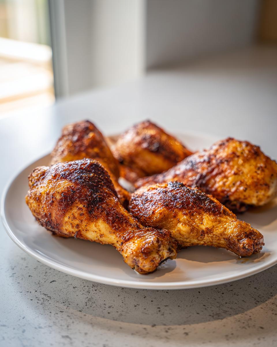 Close-up of four crispy, seasoned air fryer chicken legs resting on a white plate.