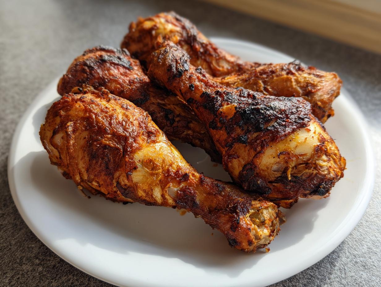 Four crispy, seasoned air fryer chicken legs piled on a white plate, showing a deep golden-brown, slightly charred exterior.