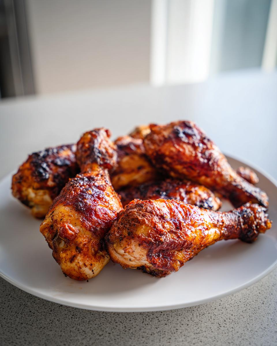 A close-up of several crispy, browned air fryer chicken legs piled on a white plate.