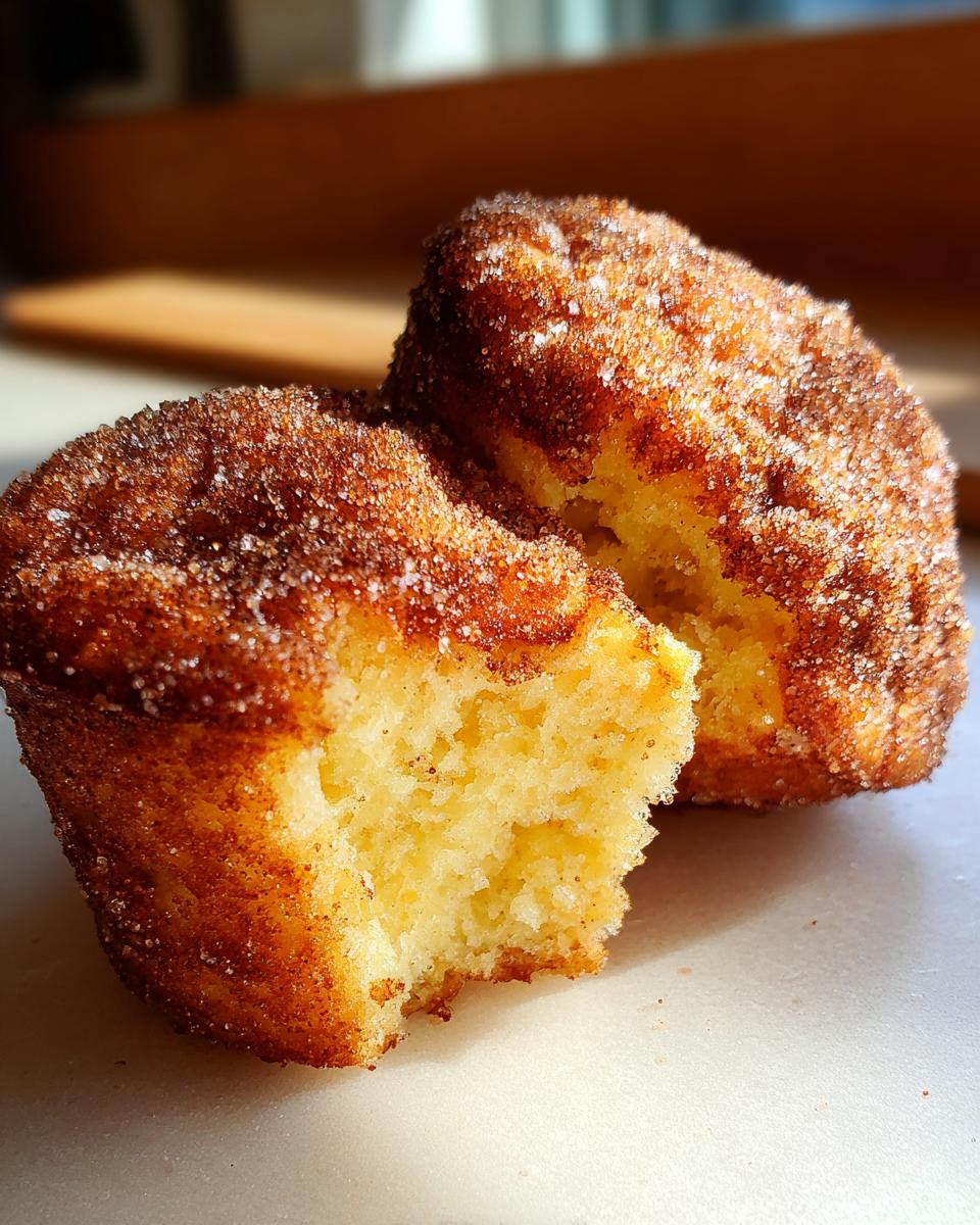 Close-up of air fryer cinnamon sugar french toast muffins, one broken open to show the fluffy interior.
