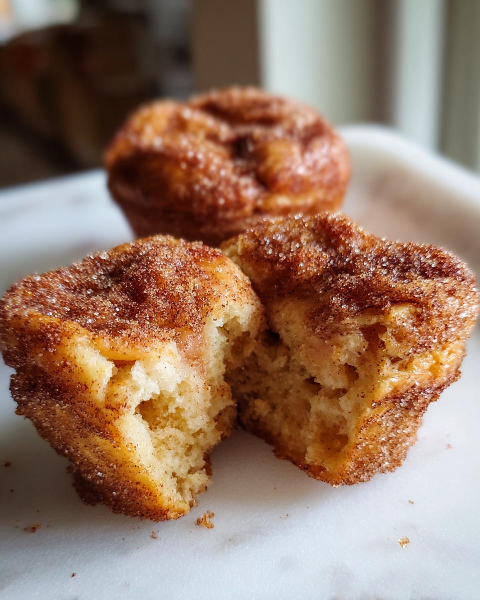 Close-up of an air fryer cinnamon sugar french toast muffin cut in half showing the fluffy interior.