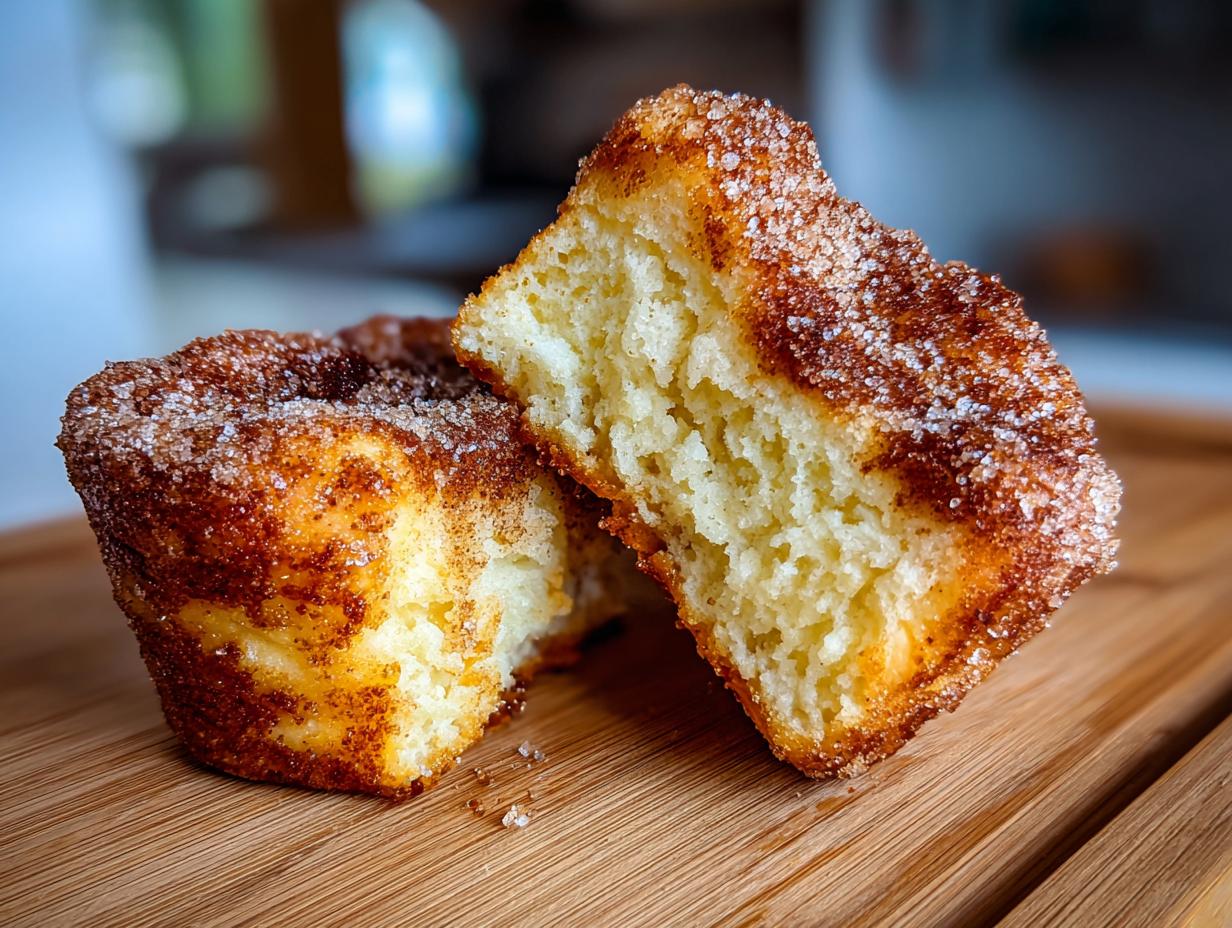 Close-up of air fryer cinnamon sugar french toast muffins cut in half showing fluffy interior and sugary crust.