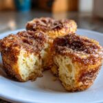 Close-up of air fryer cinnamon sugar french toast muffins, one split open showing a fluffy interior coated in cinnamon sugar.