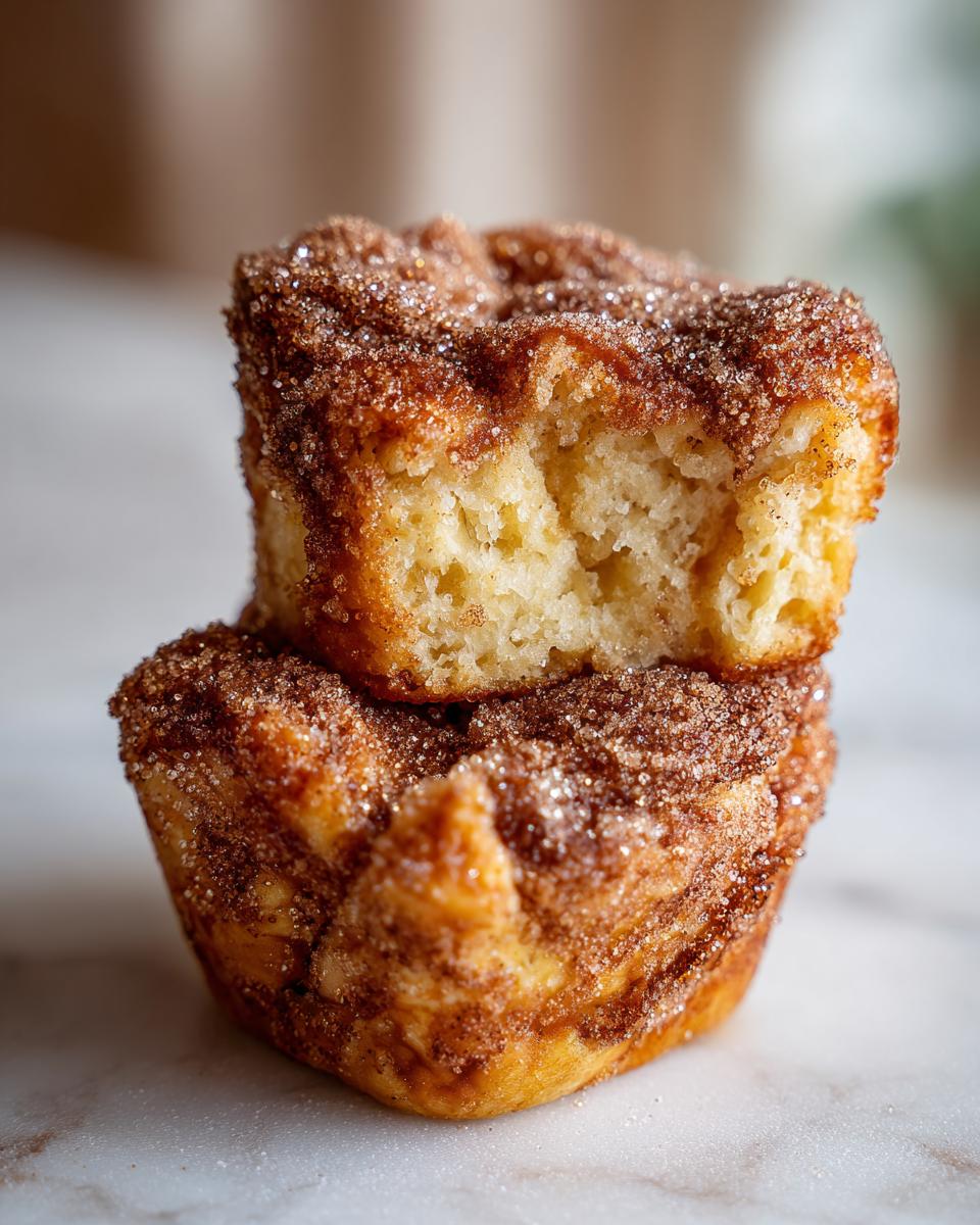 Two air fryer cinnamon sugar french toast muffins stacked, the top one having a bite taken out showing the fluffy interior.