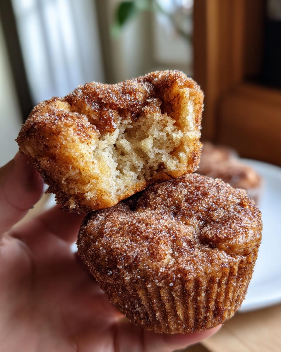 A hand holds two air fryer cinnamon sugar french toast muffins, one broken open to show the soft interior.