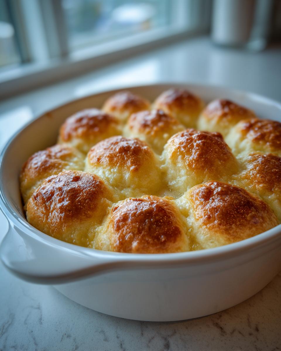 Close-up of golden brown, soft dinner rolls baked together in a white ceramic dish.
