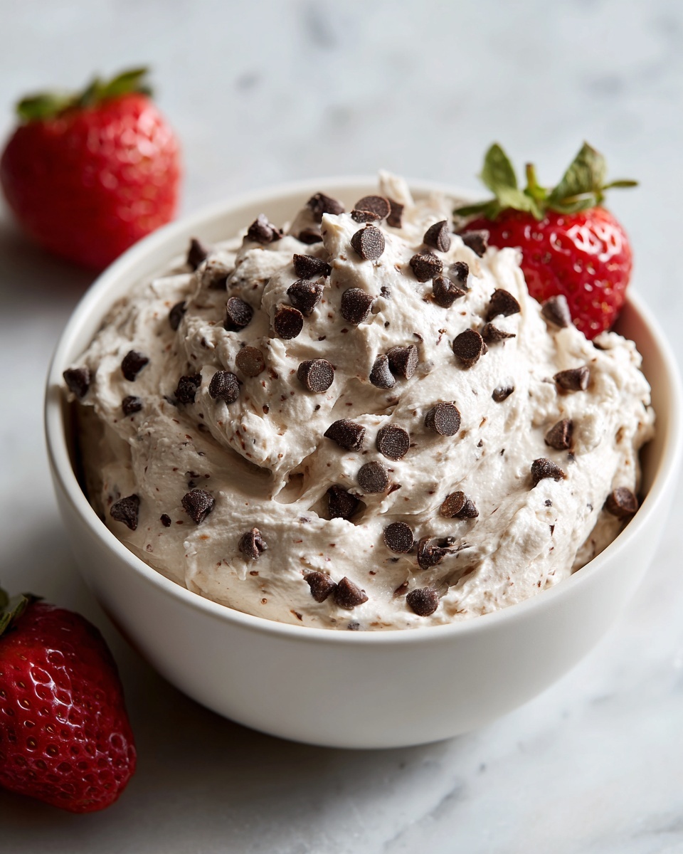 A white bowl filled with creamy chocolate dip topped with mini chocolate chips, served next to fresh strawberries.