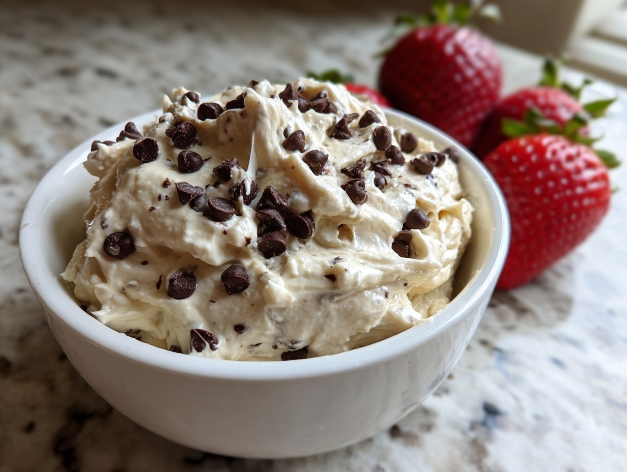 A bowl of creamy, light-colored chocolate dip topped with mini chocolate chips, served next to fresh strawberries.