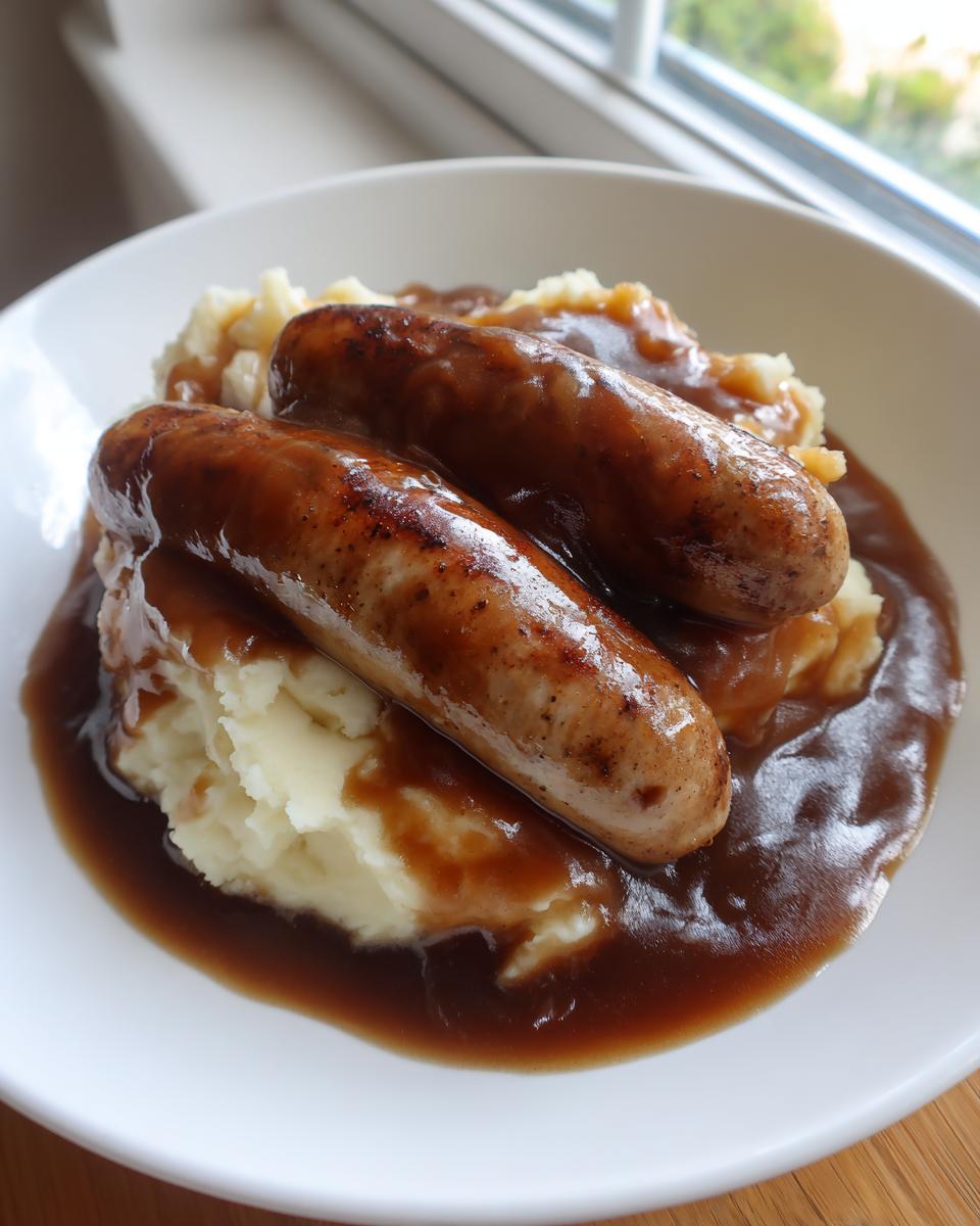 Two browned sausages served over creamy mashed potatoes and smothered in thick brown gravy, classic bangers and mash.