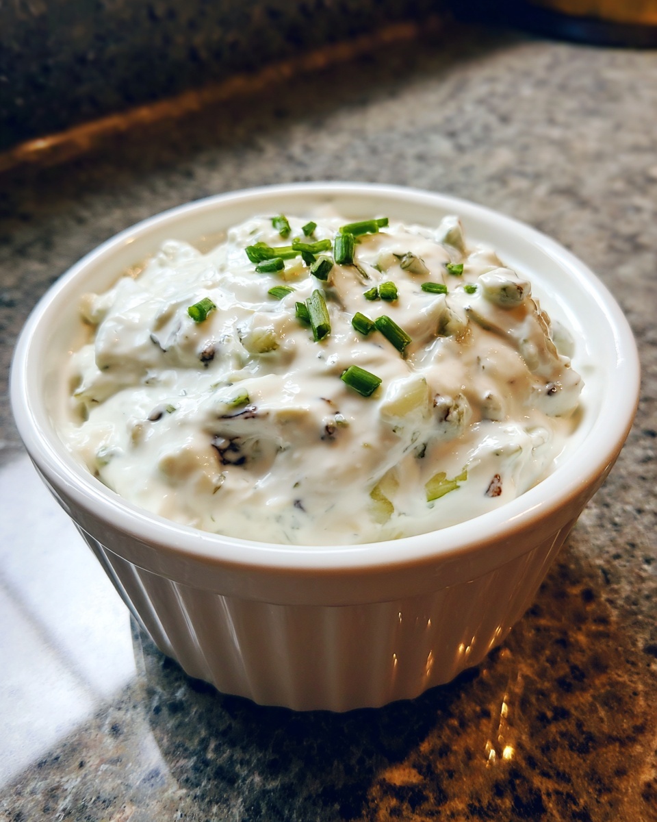 Close-up of a creamy blue cheese dip in a white ramekin, topped with freshly chopped chives.