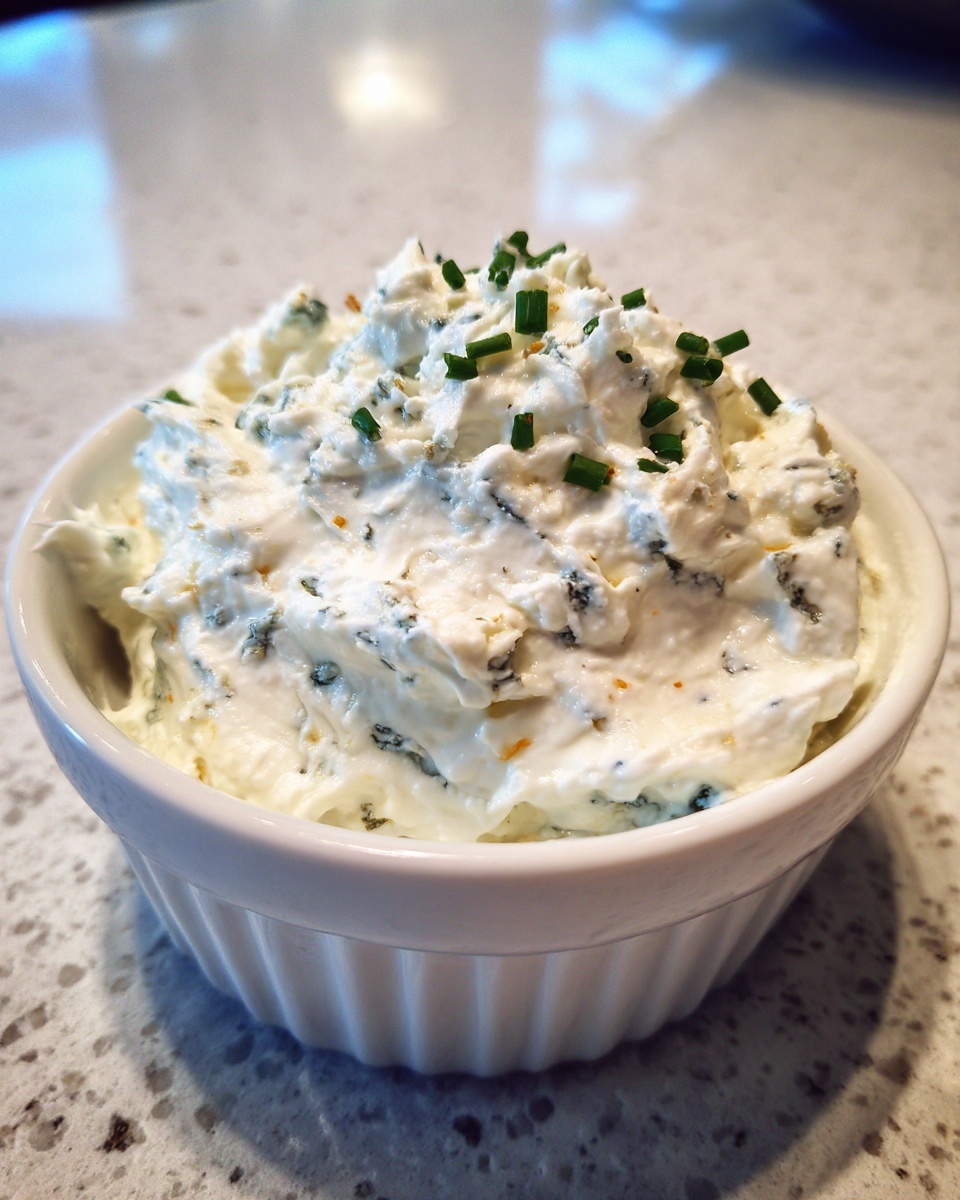 Close-up of creamy blue cheese dip topped with fresh chopped chives in a white ramekin.